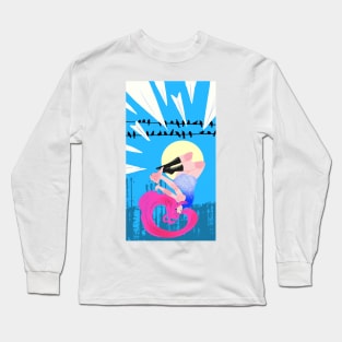 Paper plane beautiful woman upside down moon town and bird Long Sleeve T-Shirt